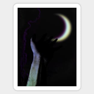 Digital collage and special processing. Hand pointing to the moon. Very beautiful. Violet and white. Sticker